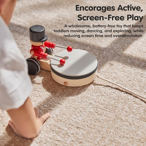 Image of PlanToys Wooden Pull Along Drummer | Musical Toy that Encourages Rhythm, Coordination & Focus | Montessori Eco-Friendly Educational Toy for Active & Imaginative Play