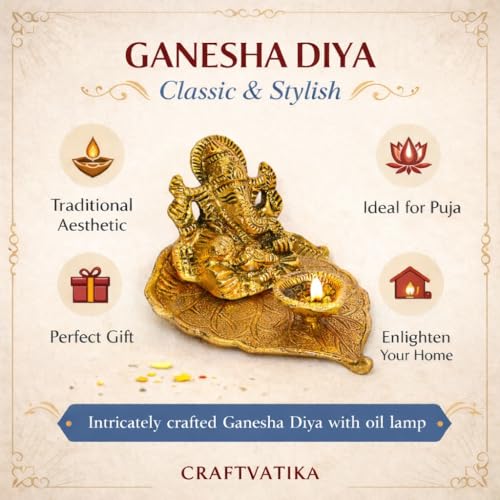 Image of CraftVatika Ganesha Idol with Diya Stand, Ganesha Diya with Gift Box, Festival Return Gift for Woman Diwali Wedding Anniversary Event Housewarming Gifts for Ladies Guest, Family,Home Decoration Items