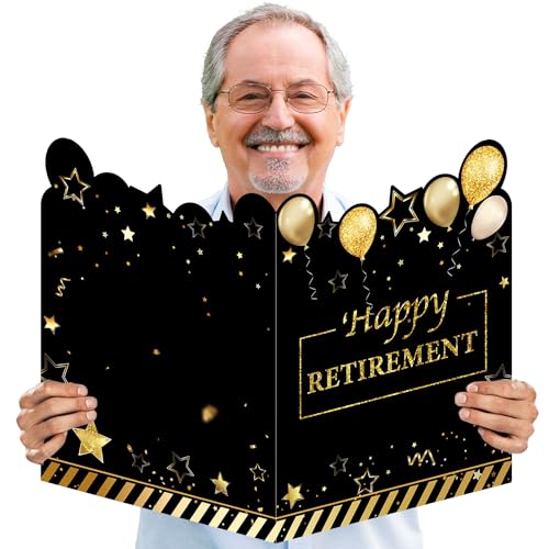 GEMLORD Jumbo Retirement Party Decorations Giant Retirement Card Large Greeting Card Oversize Plastic Custom Card Big Happy Party Gifts for Men Women 22.4 x 14.5 Inches (Black, Gold, Retirement)