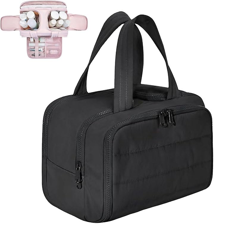 Cureaway Travel Cosmetic Bag Large Capacity Wide-Open Travel Cosmetic Bag Puffy Cosmetic Makeup Bag Organizer with Handle Open Flat Toiletry Bags for Women with Divider and Handle (Black)