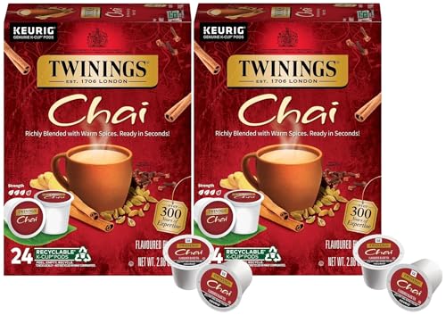 Image of Twinings Chai Black Tea K-Cup Pods for Keurig, 24 Count (Pack of 2), Naturally Sweet and Savoury Spice Flavors, Caffeinated, Enjoy Hot or Iced