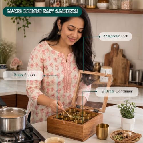 Image of Sugandha Acacia Wood & Brass Masala Box with 9 Brass Containers | 150ml Brass Spice Bowls | Handcrafted Wooden Masala Box Organizer | Kitchen Spice Storage Box | 8.75 x 8 x 4 Inches