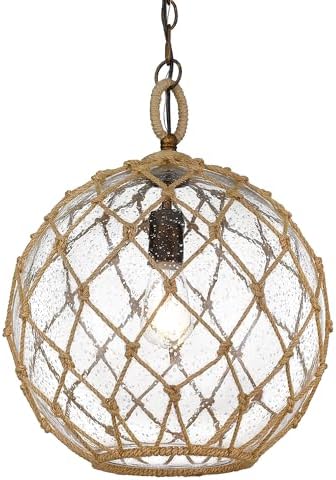 Golden Lighting Haddoc Medium Pendant Burnished Chestnut with Seeded Glass