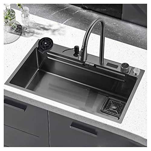 Fregadero de cocina de acero inoxidable con pulverizador extraíble y accesorios deslizantes, color blanco, fregadero de estación de trabajo para lluvia voladora, cascada, tamaño 60 x 45 cm