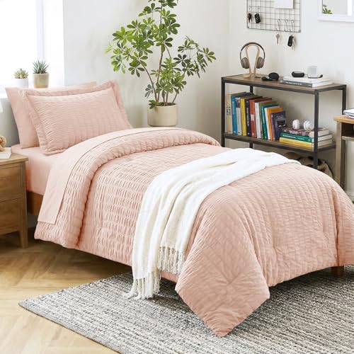 Image of CozyLux Twin XL Comforter Set for College Dorm, 5 Pieces Blush Pink Seersucker Twin Extra Long Bed in a Bag, Down Alternative Bedding Set with Comforter, Sheets, Pillowcase & Sham, Back to School