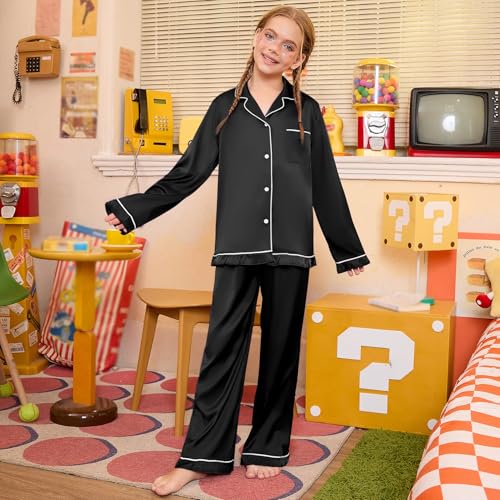 QPANCY Kids Satin Pajamas Sets Silk Pjs for Girls Ruffle Long Sleeve Button Down Sleepwear 2 Piece Loungewear Clothes Set2