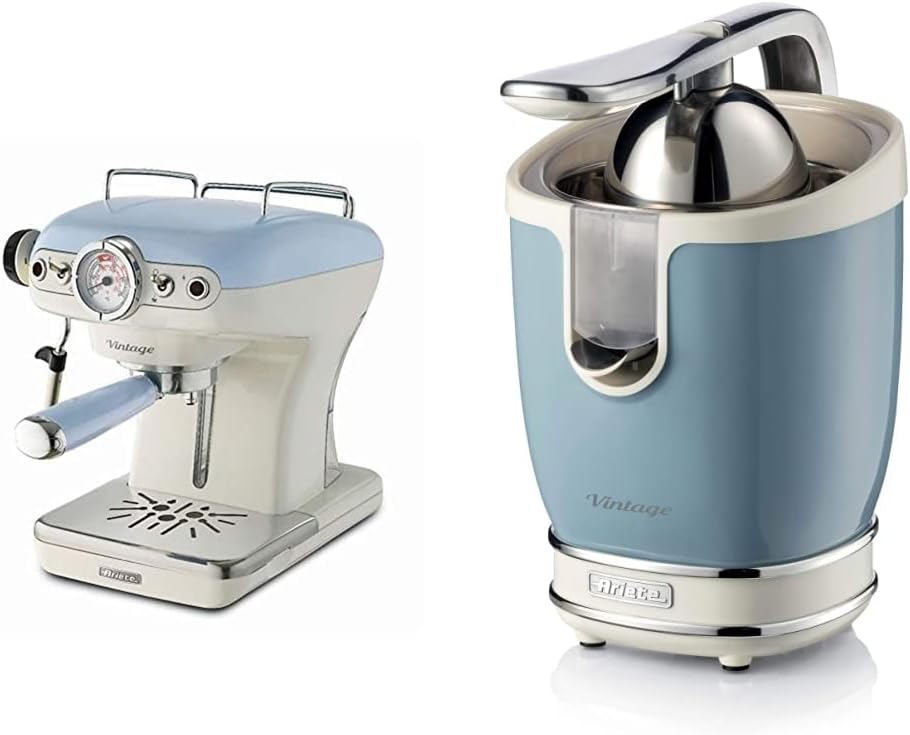 Ariete 1389 Caffe Espresso Vintage Macchina per caffe Espresso per polvere o cialda ESE, in colore Celeste pastello 413, Spremiagrumi Vintage, Spremiagrumi Elettrico con Leva Professionale