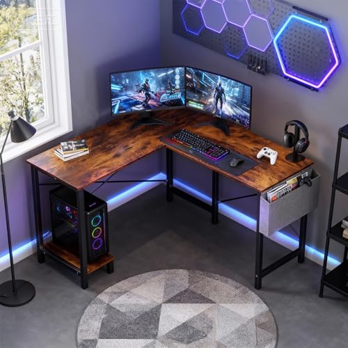 Image of OLIXIS L Shaped Desk, 50-Inch Office Computer Gaming Desks Corner PC Table with Side Bag and Reversible Shelf for Home Work Study Writing Rustic Brown