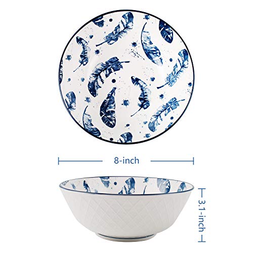 YALONG 40 Ounce Large Porcelain Pho Bowls Set 4 Pack Serving Soup Salad, Pasta, Cereal Stackable Deep Bowl Feather Pattern, Ramen Bowls for Noodle for Kitchen, 8 Inches - Thumbnail 2