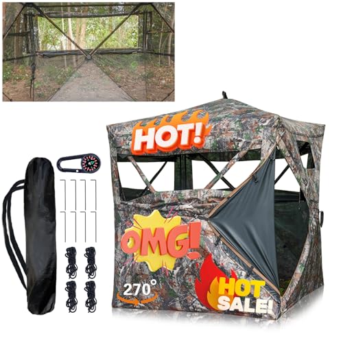 Beviliu Hunting Blind, 2/3 Person Pop Up Blinds 270/360 Degree See Through Ground Blind with Carrying Bag, Portable Durable Hunting Ground Blinds for Deer & Turkey Hunting, Pop Up Camouflage Tent