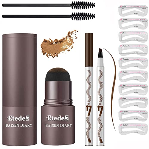 2 styles Eyebrow Stamp Powder,Eyebrow pencil, with Eyebrow Brushes, long Lasting Waterproof Buildable Eyebrow Stamp and Shaping Kit for Brow,with 10 Reusable Eyebrow Stencils (Light Brown)