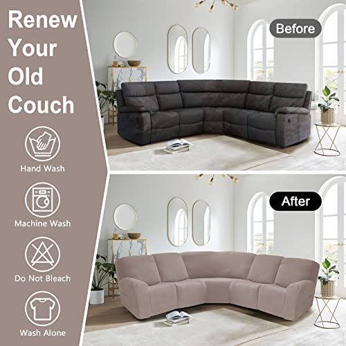 Okyuk L Shape Sectional Recliner Sofa Covers 7-Piece, Stretch Jacquard Reclining Couch Covers For Reclining L Shape Sofa, Thick Soft 5 Seat Recliner Cover (5 Seater, Khaki) #TOP6