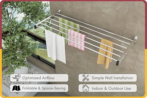Image of Amiraj Heavy Duty Stainless Steel Wall Mounted Clothes Drying Rack | Foldable & Space Saving Cloth Dryer Stand for Balcony, Laundry & Bathroom | Rust-Free Laundry Rack (4 Feet, 6 Pipe)