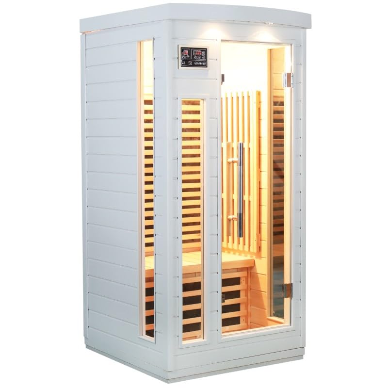 SNÖ Sauna Infrarouge 1 Place 1500W Hemlock Blanc | Chromothérapie 7 Couleurs & Système Audio Bluetooth | Porte et Fenêtres en Verre Sécurisé | Panneaux Carbone, Ionisateur d'air