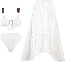 طقم ملابس سباحة من 3 قطع للنساء مكون من بلوزة بحمالات سلسلة، سروال سباحة عالي الخصر، مع قماش لف على الخصر بطبعة فراشة