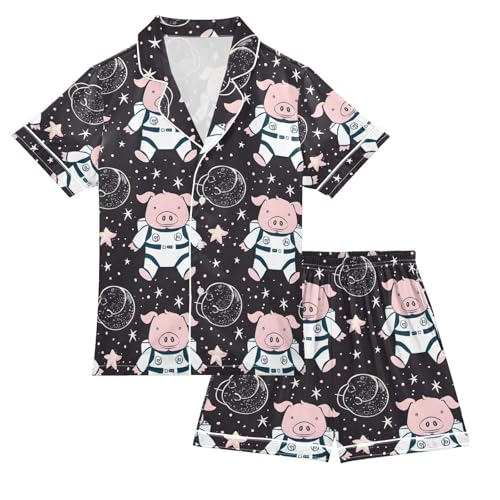 ALAZA Cartoon Astronaut Space Pig Pajamas Satin Pajama Set Short Sleeve Button Down Sleepwear