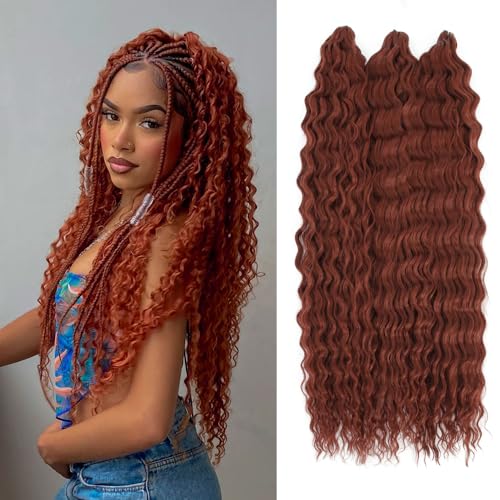 Felek Ocean Wave Crochet Braiding Hair 30inch 3 Packs Copper Red Long Water Wave Wavy Deep Curly Crochet Braids Hair For Black Women (Reddish Brown, #360)