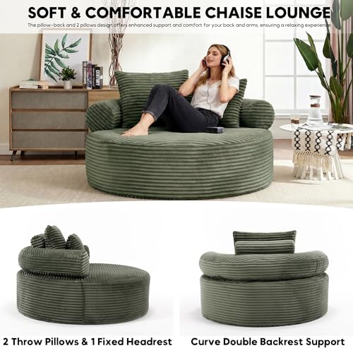 Image of Oversized Round Chair Lounge Chaise Indoor, 55.5 inch Upholstered Corduroy Deep Seat Single Cloud Sofa Chair, Fluffy Modern Large Circle Boneless Sleeper Sofa for Living Room, Bedroom, Green