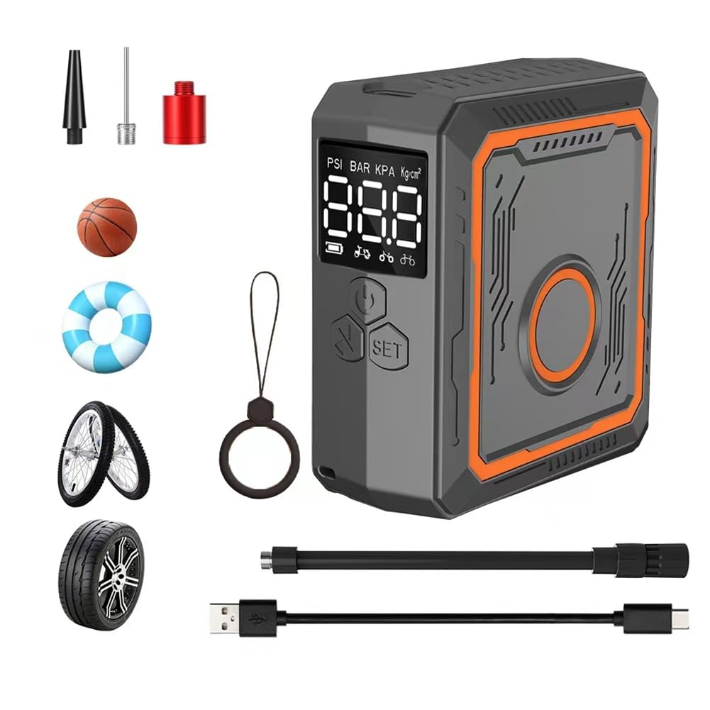 Mini Pompa per Bicicletta elettrica, 150 PSI, Potente compressore d'Aria, Display di Pressione, gonfiatore per Pneumatici di Moto, Nero e Arancione