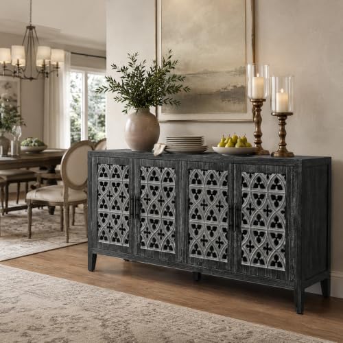 Image of Black Farmhouse Buffet Sideboard Cabinet with Carved Doors, Vintage Accent Storage Cabinet for Dining Room, Living Room, Entryway & Coffee Bar