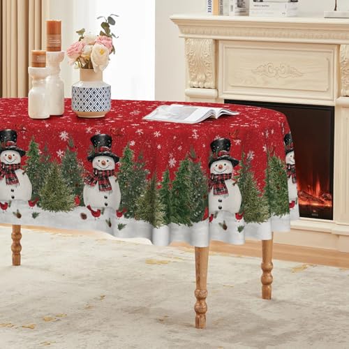 Horaldaily Christmas Tablecloth 60 x 84 Inch Oval Winter Snowman Trees Red