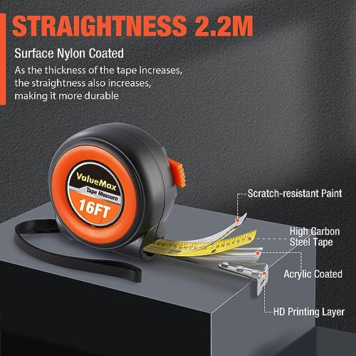 ValueMax Tape Measure, 6 Pack 16FT Tape Measure Retractable, Easy Read Measuring Tape, Auto-Lock Measurement Tape for Construction, Contractor, Carpenter