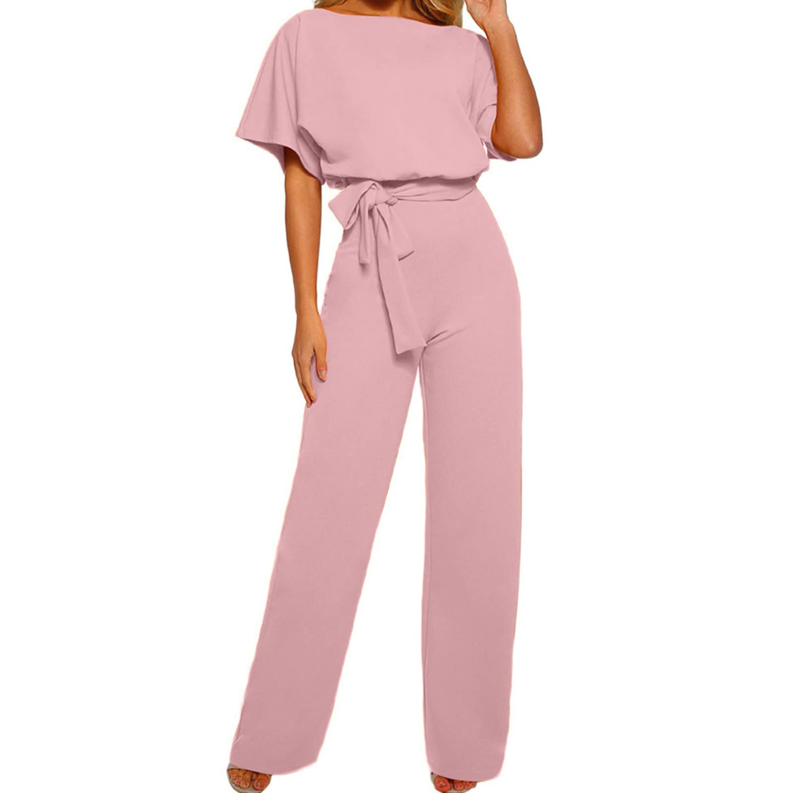 Jumpsuit for Women Elegant Fashion High Waist Short Sleeve Wide Leg Loose One Piece Romper Pants with Belt Solid Color All in One Outfit Festival Wedding Guest Outfits 02-image-36