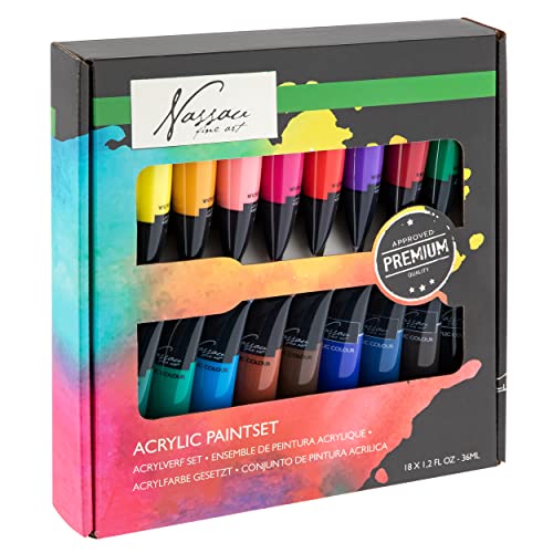 VAN NASSAU FINE ART Acrylic Paint Set | Kit de Peinture Acrylique 18 Tubes de Couleur de 36 ml | École, Loisirs Créatifs | Peinture maquette | Aquarelle | Artiste Enfants Adultes Cover