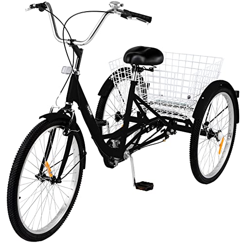 Happybuy Adult Tricycle 20 inch Single Speed Size Adjustable Trike with Bell Brake System Cruiser Bicycles Large Size Basket for Recreation Shopping Exercise (Black 1 Speed)