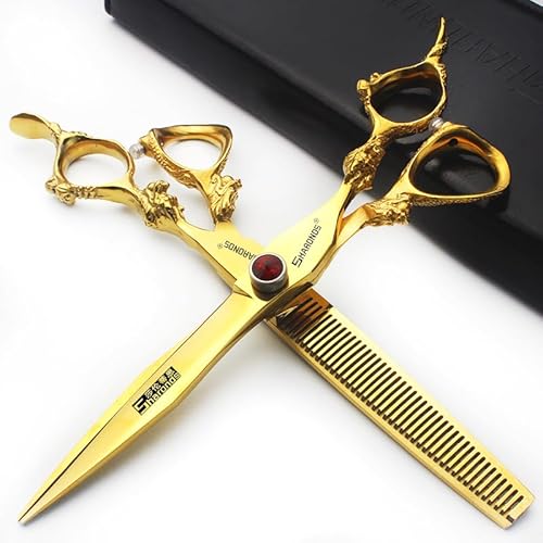 Ciseaux de coiffure professionnel 6/7/7.5/8/9 pouces ciseaux de coiffure Or et or noir dragon (7 pouces 2 pièces)