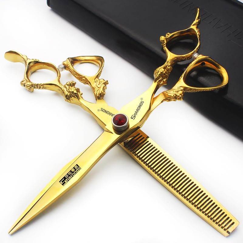 Gold Dragon Professional Hairdressing Scissors - 7 Inch 2-Piece Set, Gold and Black