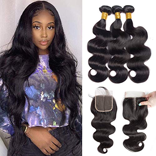 ALLRUN Brazilian Body Wave Bundles with Closure Middle Part(20 22 24+18) Human Hair Unprocessed Body Wave with Lace Closure Virgin Hair Natural Black Color