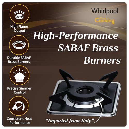 Whirlpool 70cm 4 Burner Auto Ignition Gas Stove | SABAF Brass Burners & Valves | 8mm Thick Toughened Black Glass | 10-Year Burner & Valve and... - Image 4