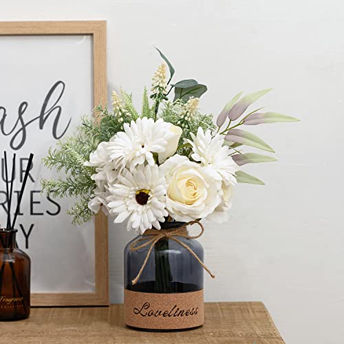 Meglorya Fake Flower Arrangement With Vase,Artificial Flowers With White Rose Gerbera,Farmhouse Coffee Table Centerpiece,Fake Flowers For Home Kitchen Dining Table Decorations #TOP1