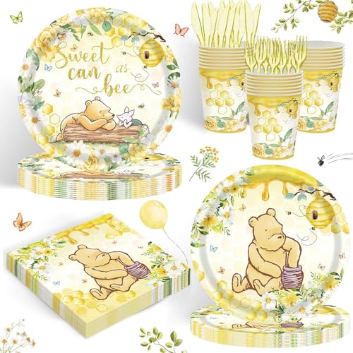 120PCS Classic Winnie Bear Party Supplies for Girls Baby Shower Kids 1st Birthday Spring Sweet as Can Bee Neutral Themed Decorations Plates Napkin Cups Tableware Set for 20 Guests