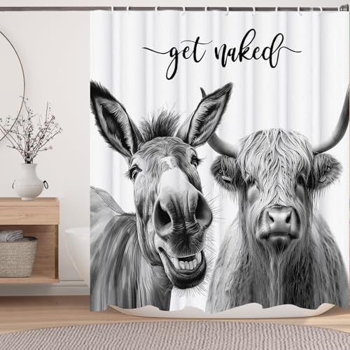 Image of Funny Farmhouse Shower Curtain,Grey Donkey with Cow Get Naked Waterproof Shower Curtain with Hooks, Farm Animal Fabric Shower Curtains for Bathroom Decor 72X72inches
