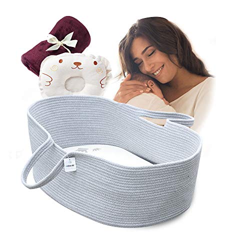 ICEBLUE HD Moses Basket Cotton Rope Specious Newborn Cradle Bassinet Baby Nest Bed Travel Bed Baby Shower Gift with Portable Handles (Grey Color)
