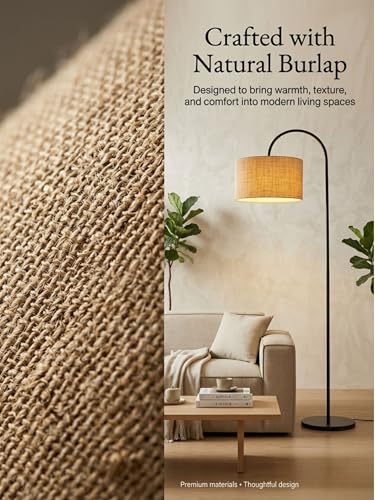 Image of Arc Floor Lamp for Living Room 60 inch Tall - Handwoven Jute Shade Standing Lamp - Matte Black Metal Corner Floor Lamp for Bedroom & Reading Corner - Japandi Boho Decor
