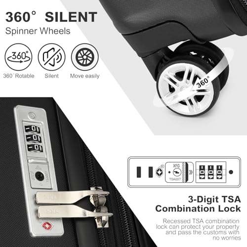 Kono 3-Piece Luggage Sets | Expandable Hard Shell PC+ABS Suitcase with TSA Lock | Lightweight & Sturdy Travel Suitcases with 4 Spinner Wheels (20", 24", 28") - Black - Image 4