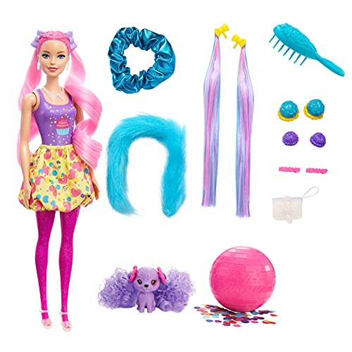 Barbie HBG39 - Color Reveal Cupcake Haarwechsel Puppe, Glitzerpink Spielset mit 25 Überraschungen rund um Haarstyling und Party, Spielzeug ab 3 Jahren
