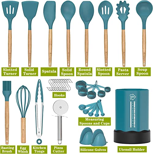 Kitchen Utensil Set Silicone Cooking Utensils -Fungun 35 Pcs Kitchen Utensils Tools Wooden Handle Spoons Spatulas Set Cookware Turner Tongs Whisk Kitchen Gadgets With Holder (Bpa Free, Non Toxic) #TOP1