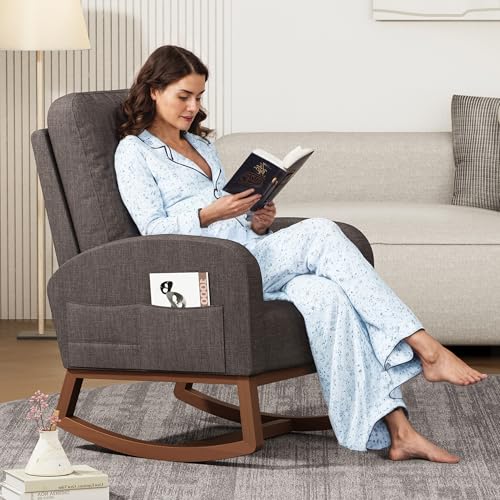 Image of NOSANLA Nursery Rocking Chair, Upholstered Glider Rocker Chair with High Backrest and 3 Side Pocket, Comfortable & Stylish Accent Armchair for Living Room, Bedroom, Office (Grey)