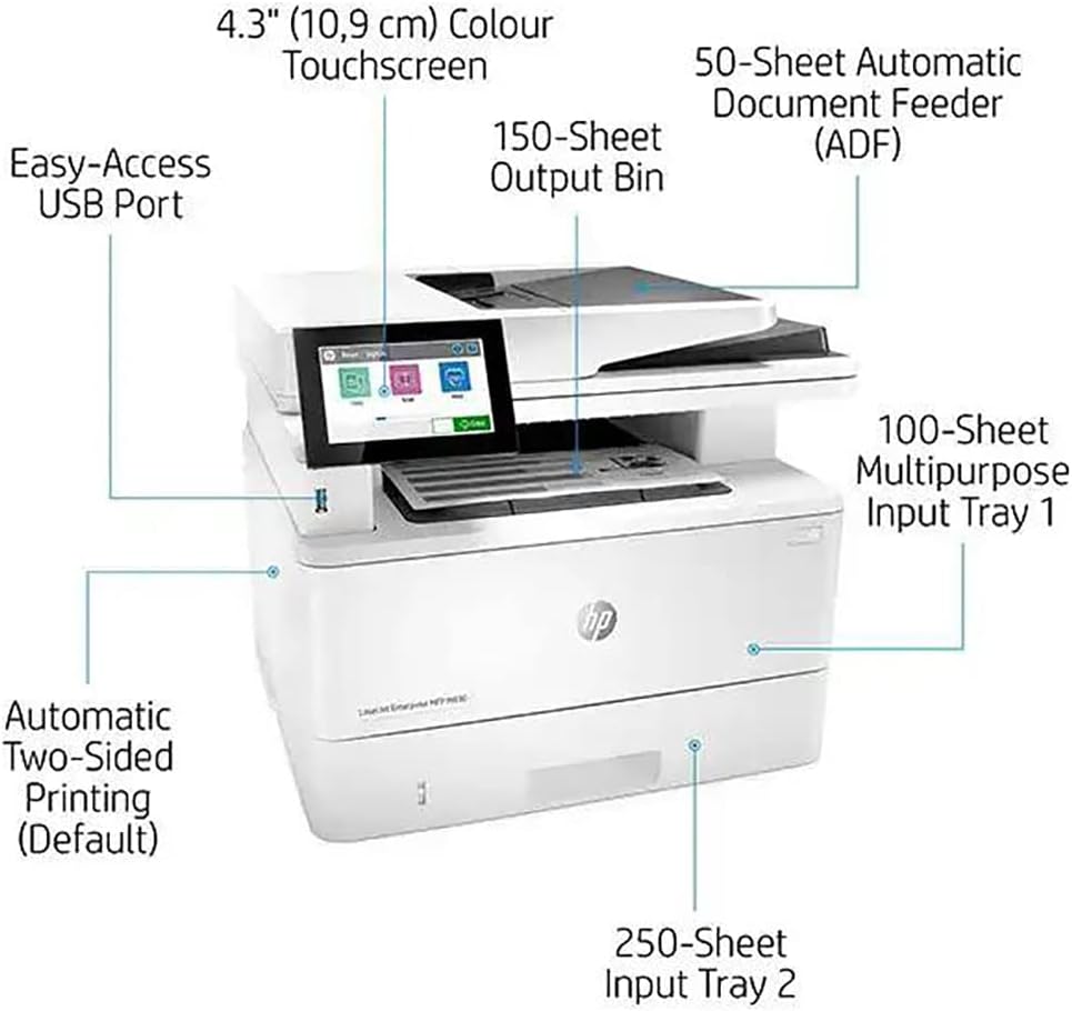 HP Laserjet Enterprise MFP M430f All-in-One Wired Monochrome Laser Printer, White - Print Scan Copy Fax - 4.3" LCD, 40 ppm, Auto Duplex Printing, 50-Sheet ADF, Ethernet (Renewed)
