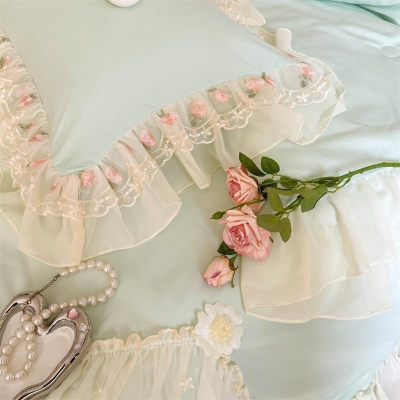Parure de lit style français chic dentelle verte ultra douce lit Full