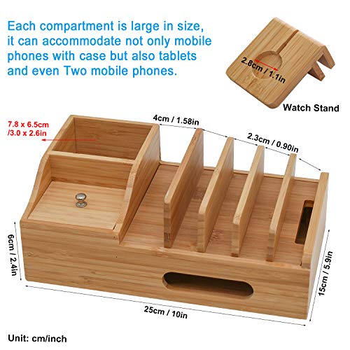 Pezin & Hulin Bamboo Charging Station, Multiple Devices Organizer for Phones,Tablet, Office Desktop Wooden Docking Stations (Include 5 x Charger Cable), Storage Box Stand for Pen, Key, Remote