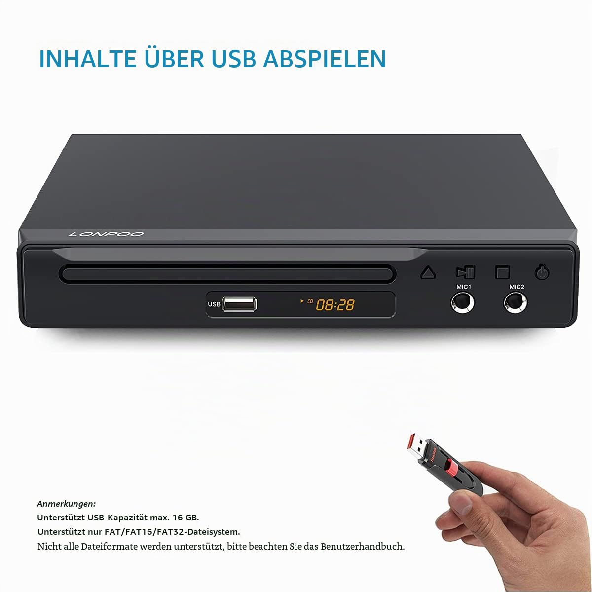 Kompakter DVD-Player mit SCART-Anschluss, Regionsfreier HD-DVD-CD-Player mit HDMI-Anschluss/AV-Anschluss, integriertes PAL/NTSC-TV-System, unterstützt MIC-Eingang, USB-Eingang (DVD Player)