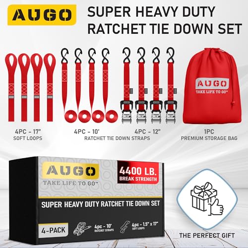 Image of AUGO Heavy Duty Ratchet Straps & Soft Loops - Pack of 4 Extra Strong 1.5 inch by 10' Ratchet Straps w /S-Hook Safety Latches & 4 Soft Loop Tie Downs - 4400Lb Break Strength for Motorcycles, ATVs, Etc.