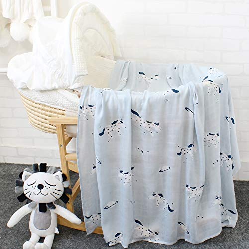 Image of Kassy Pop Printed 6 Layer Bamboo Muslin Blanket Cum Swaddling Towel for Baby, Toddlers | 70% Bamboo, 30% Cotton | AC Quilt, Multi-Purpose Blanket | Toxin Free | 110cm x 110cm (Blue Unicorn Print)