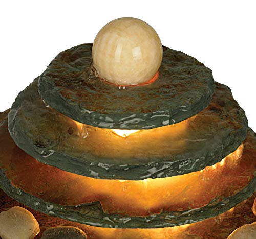 Pyramid Modern Zen Indoor Tabletop Water Fountain With Light 10" High 4 Tiered Feng Shui Ball River Rocks For Table Desk-Top Home Office Bedroom House Living Room Relaxation - John Timberland #TOP2