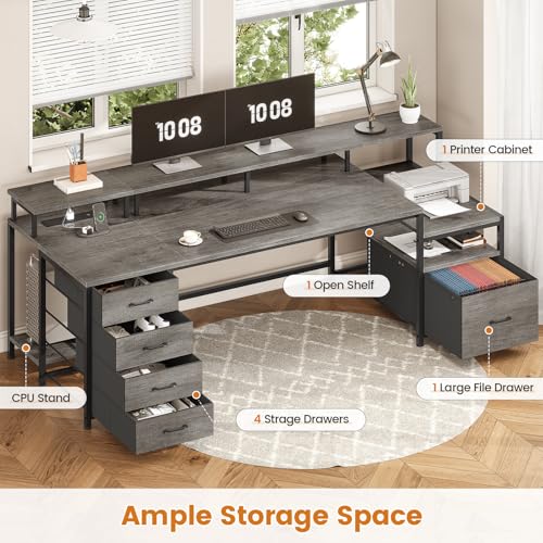 Image of SEDETA 75'' Computer Desk with 5 Drawer, Power Outlet & Led Lights, Home Office Desk with File Drawer, Storage Shelves, Printer Cabinet and Monitor Shelf, 23.6 inch W Large Desktop Gaming Desk, Grey